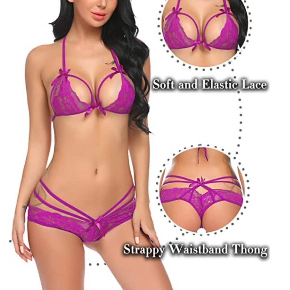 Women's Purple 2 Piece Lace Floral Bow Bra and Waist Strap Panty Lingerie Set